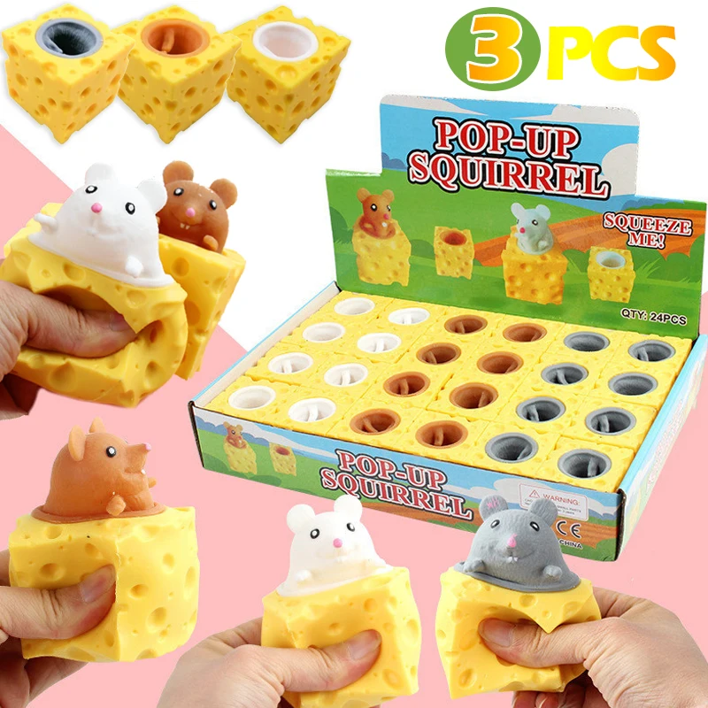 

3PCS Funny Cheese Mouse Cup Pinch Happy for Kids Toy Squeeze Yellow Squirrel Baby Puzzle Decompression Silicone Toys