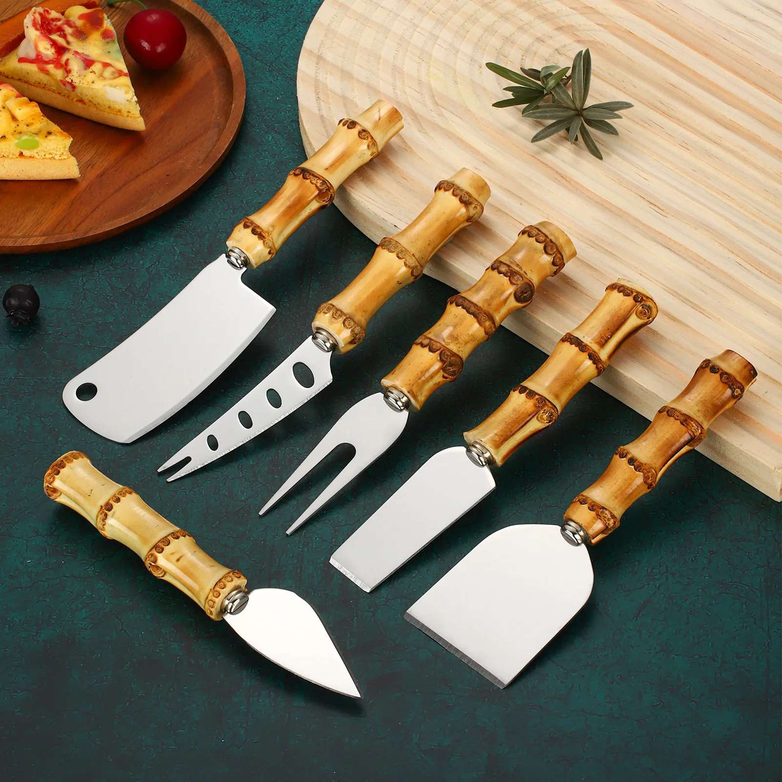 Bamboo Cheese Knives Set Cheese Cutlery Steel Stainless Cheese Slicer Cutter Mini Knife,Butter Knife,Spatula& ForK