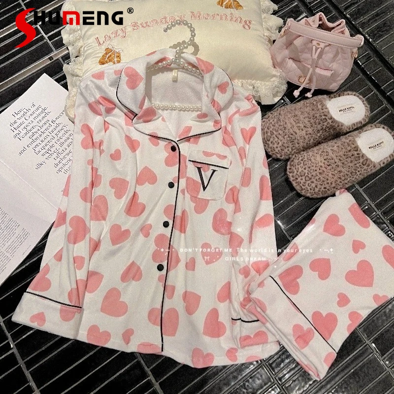 

Winter Velvet Women's Pajamas Fleece Lined Thickened High End Homewear Female Japanese Style Sweet Heart Print Sleep Set