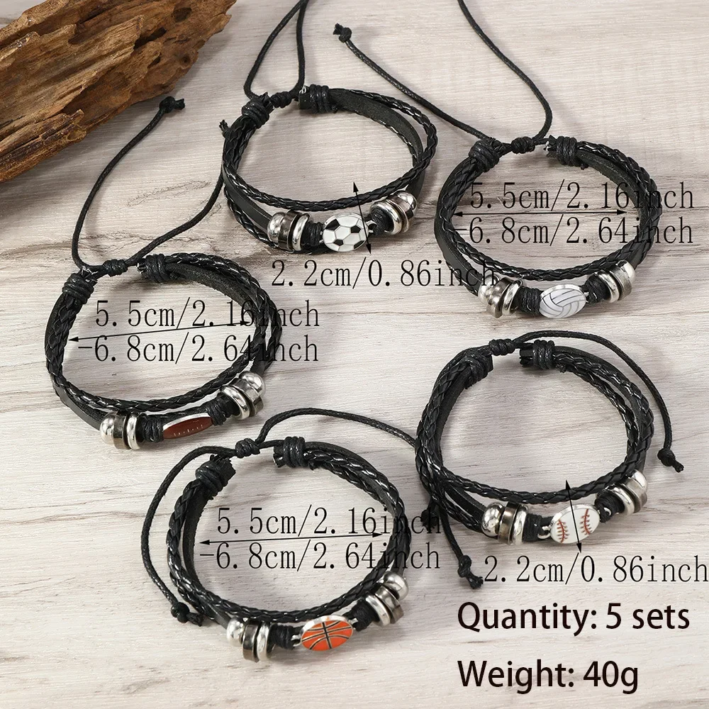5Pcs Vintage Leather Sport Bracelet For Women Men Volleyball Football Basketball Baseball Rugby Charm Bangle Fashion Jewelry view 3