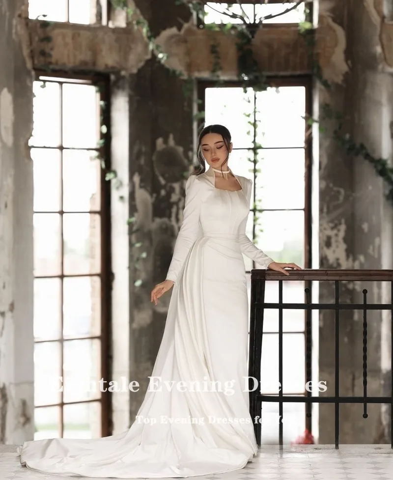 Eightale Muslim Wedding Dress with Detachable Skirt V-Neck Satin Customized Arabic Bridal Gown Long Sleeves Vestido De Noiva