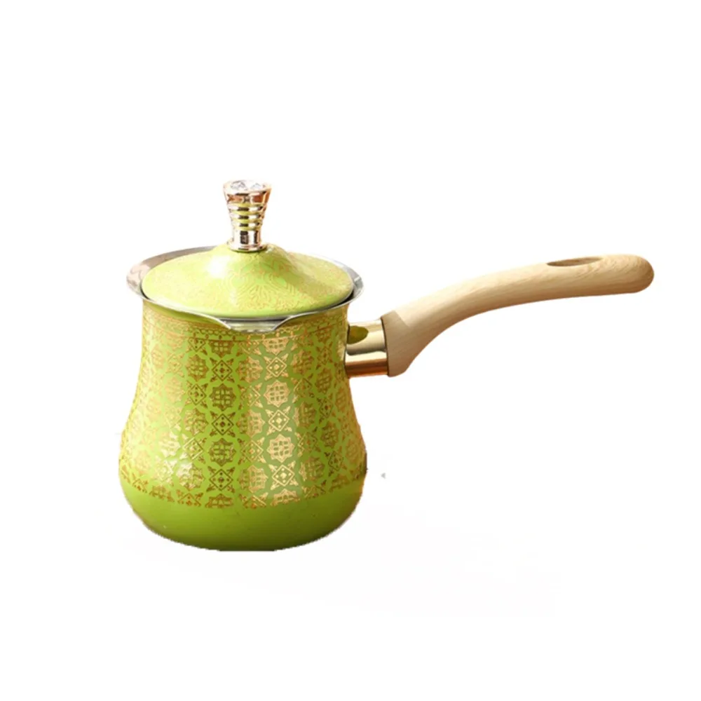 

550ml Turkish Coffee Pot Long Wooden Handle Arabic Style Butter Melting Pot Stainless Steel V Shape Diverter Port Milk Tea Pot
