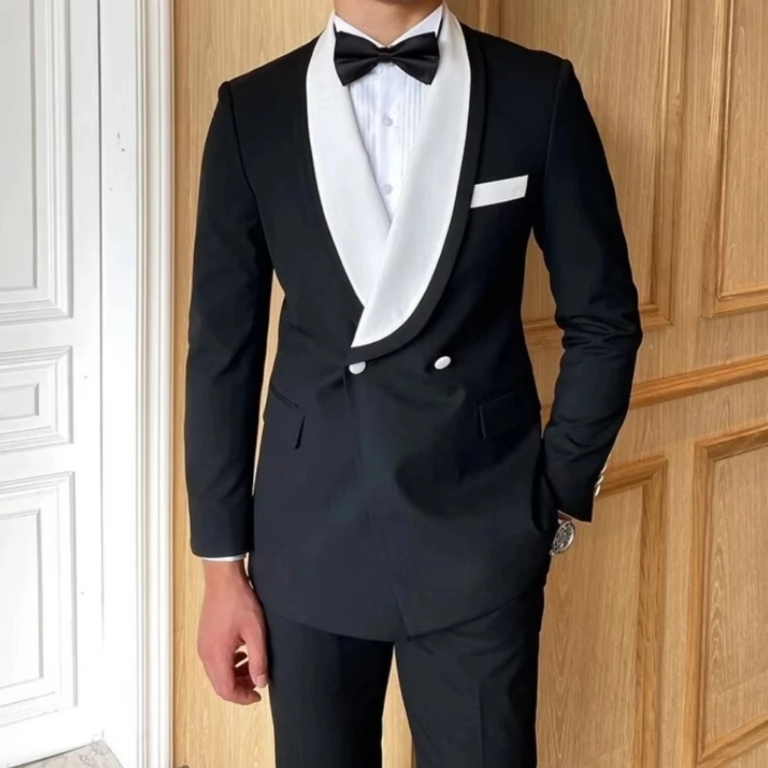 

2 Pieces Jacket And Pants Men Suit Black With White Lapel Double Button For Wedding Banquet Party Banquet Business Work Daily