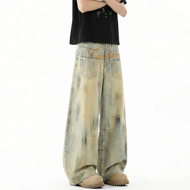 Jean vintage pour homme, délavé, effet vieilli, broderie script, coupe oversize, jambe large, style 