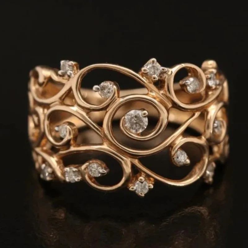 

Charm Gold Color Inlaid with White Stone Round Flower Rings Fashion Party Exquisite Engagement Wedding Rings for Women Jewelry