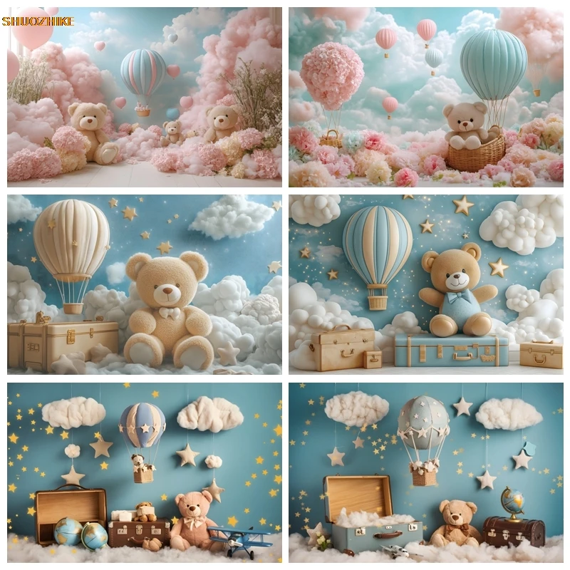

Hot Air Balloon Cloud Bear Travel Birthday Backdrop for Photography Newborn Boys Girls Baby Shower Party Decoration Background