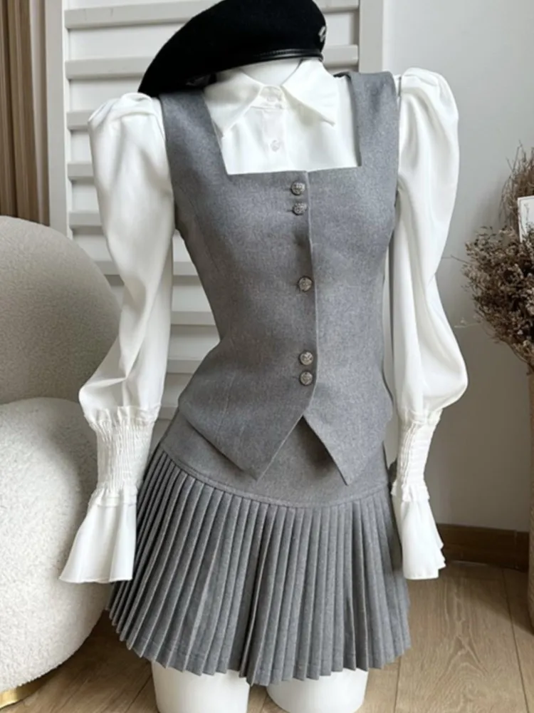 Y2K Sweet 3 Piece Set Women Flare Sleeve Shirt Square Collar Vest Pleated Mini Skirt Autumn Spring Solid Korean Chic Outfits
