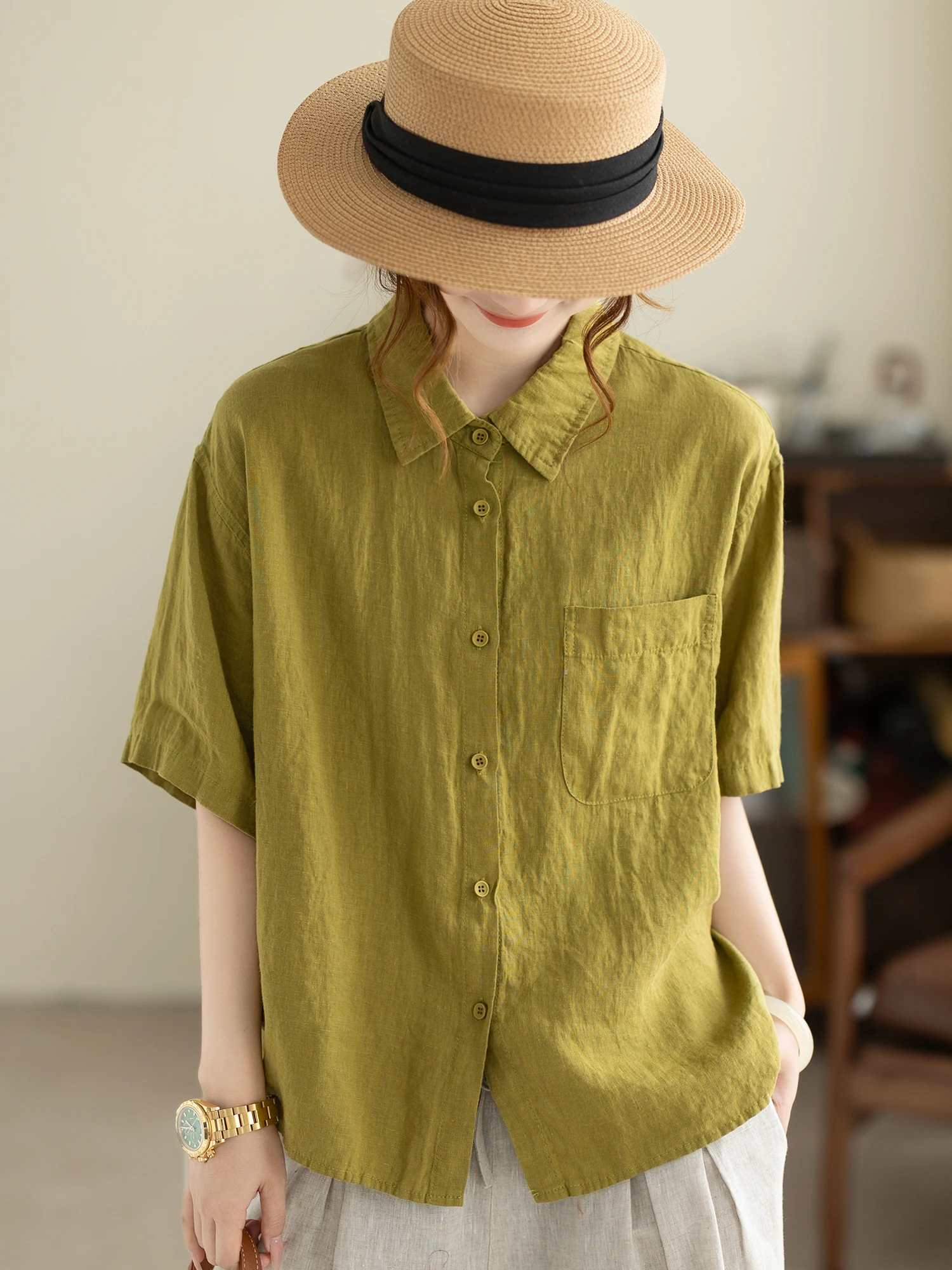 

Kamiyu Linen Shirt Women's Loose Short Sleeve Turn-down Collar Slimming Versatile Spring Summer New Style Casual Comfortable Top