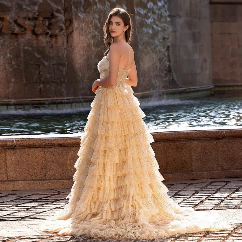 Fashion Champagne Evening Dresses with Sequined Sleeveless Tiered Prom Gowns for Girls 2026 Summer New Robe De Soirée