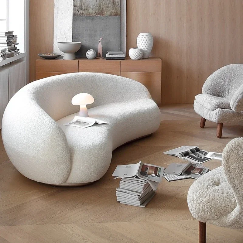 

French cream style lamb wool cashew sofa living room three-person curved pea sofa