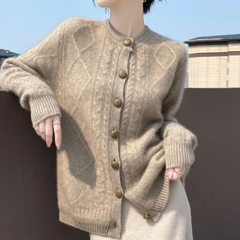 Women's cardigan in autumn and winter 100% merino wool sweater long sleeve cashmere O-neck solid color padded loose top coat