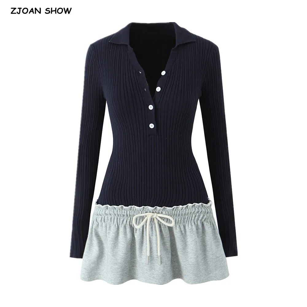 

2024 American Retro Open Buttons Lapel Knitted Full Sleeve Mini Dress Women Spliced Low Waist Ball Gown Swing Short Ballet Robe