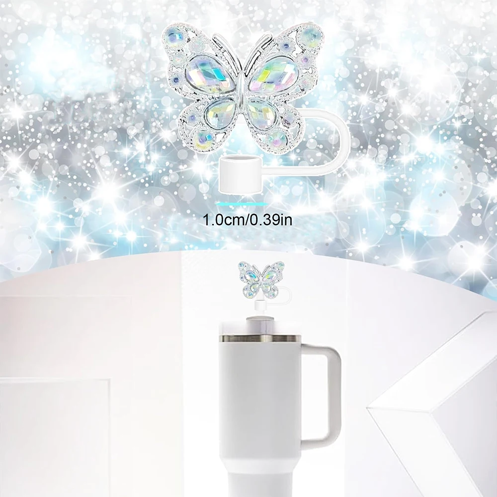 6pcs Shiny Straw Toppers, Colorful Diamond Butterfly Straw Covers Cap for Stanley Tumbler Cups 30&40oz Tumbler with Handle - view 3