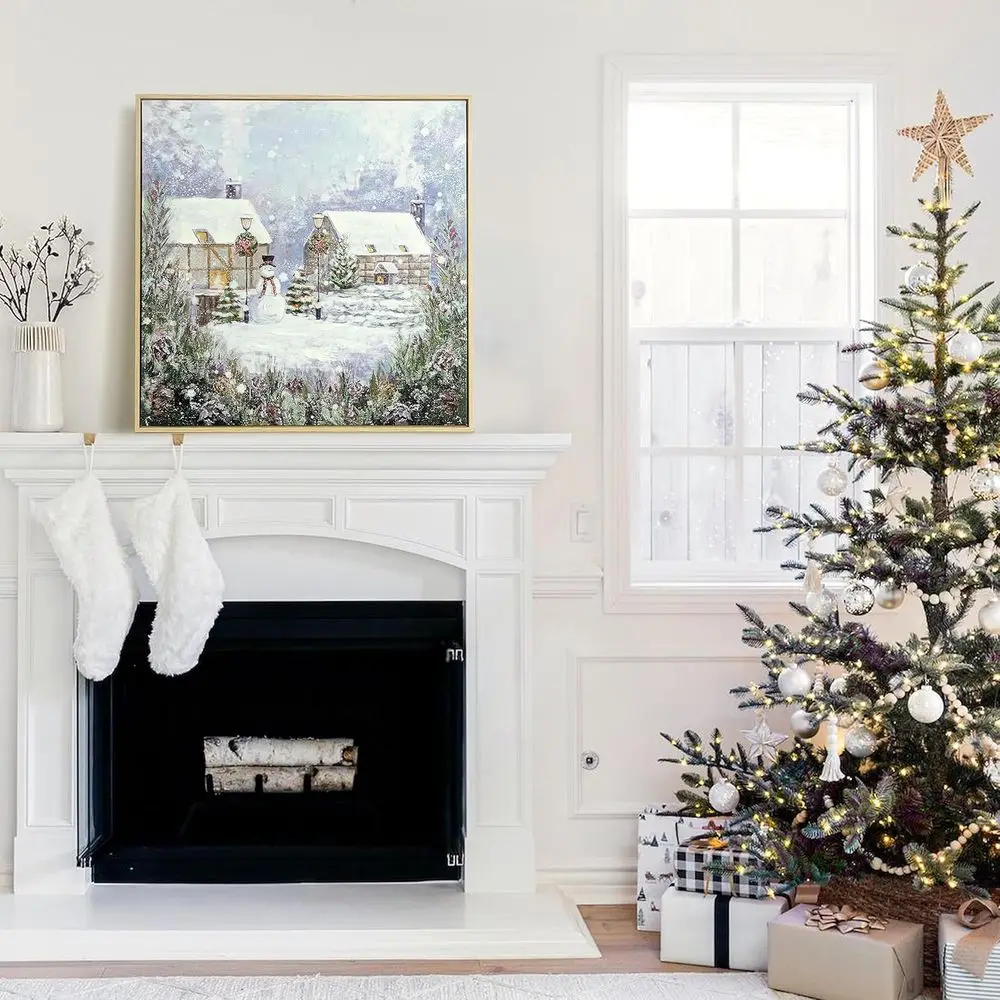 24x24 Inch Traditional Christmas Canvas Art - Snowy Winter Snowman Scene for Home Decor