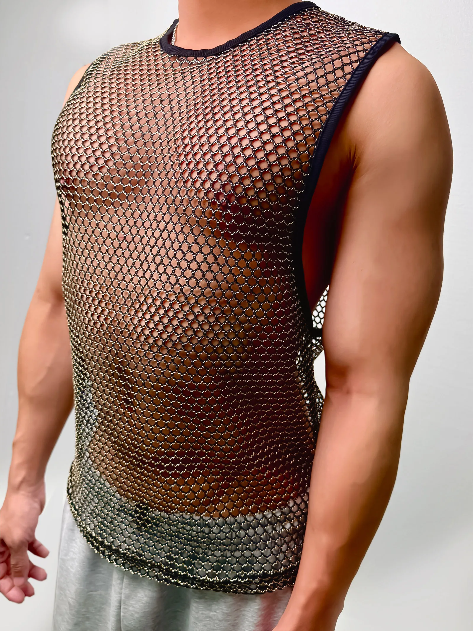 Sommer Herren Rundhals Sport-Tanktops, Hohles Netzgewebe, Ärmellos, für Laufen, Fitness, Training, Sportweste, Glänzend, Durchsichtig – Detail 13