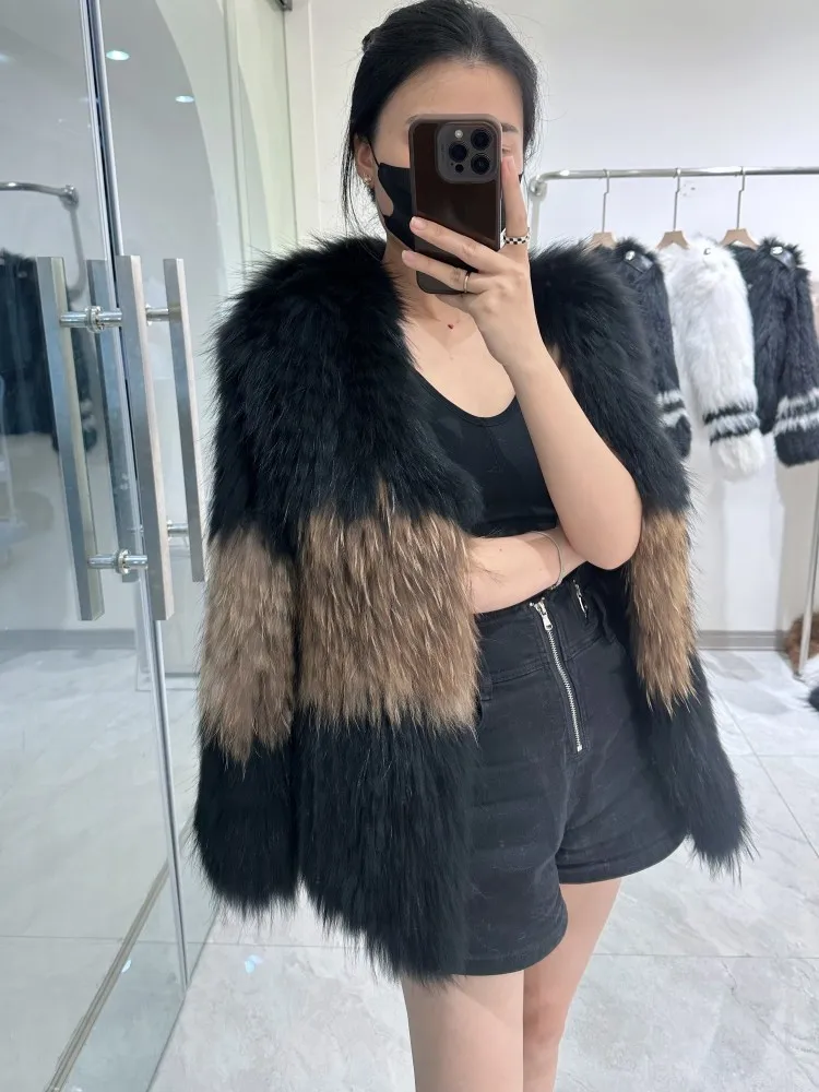 

New raccoon fur encrypted double-sided woven V-neck fur mid length jacket fur coat women