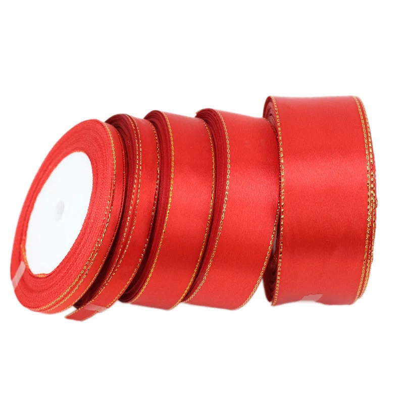 (25 Yards/roll) Red Gold Edge Satin Ribbon Wholesale Gift Handmade DIY Christmas Ribbons (6/10/20/25/40mm)