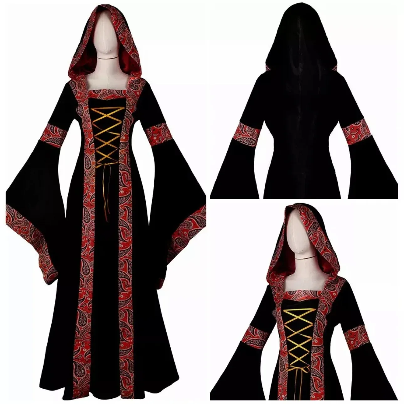 

Средневековое длинное платье для косплея, викторианское ретро-платье с капюшоном, расклешенные рукава, одежда для выступлений на складе