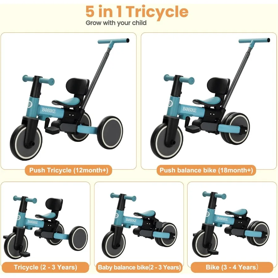 18ヶ月から5歳までの幼児向け5in1三輪車、アップグレードされたペダル付きキッズバイク、親用プッシュハンドル、バランスバイク＆簡単組み立て
