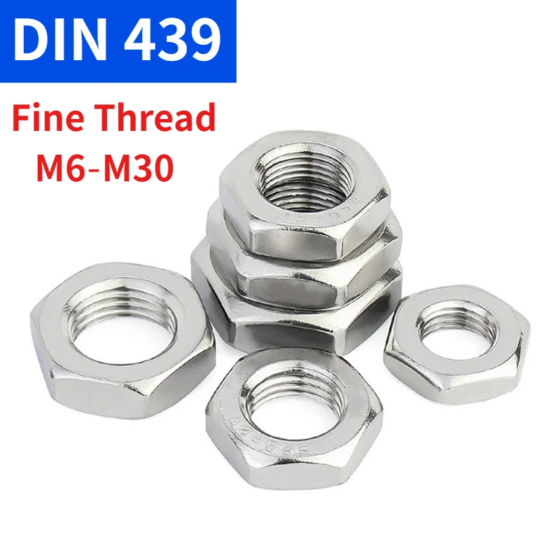 304 Stainless Steel Fine Thread Thin Hex Jam Nut DIN439, A2‑70 Metric Fine Pitch Low Profile Hexagon Nut M6‑M30