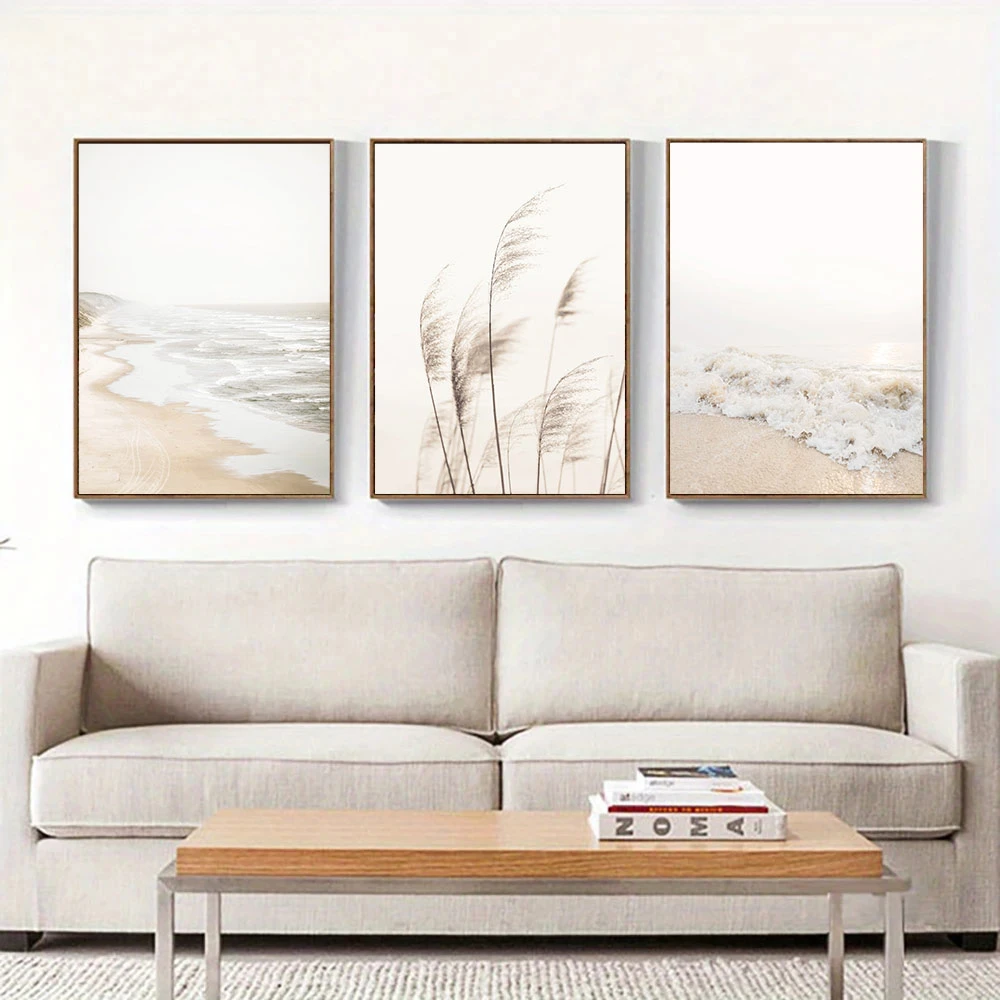 

White Seascape Canvas Painting Nordic Sea Beach Pampas Botanical Grass Print Pictures Living Room Kitchen Wall Art Decor Poster