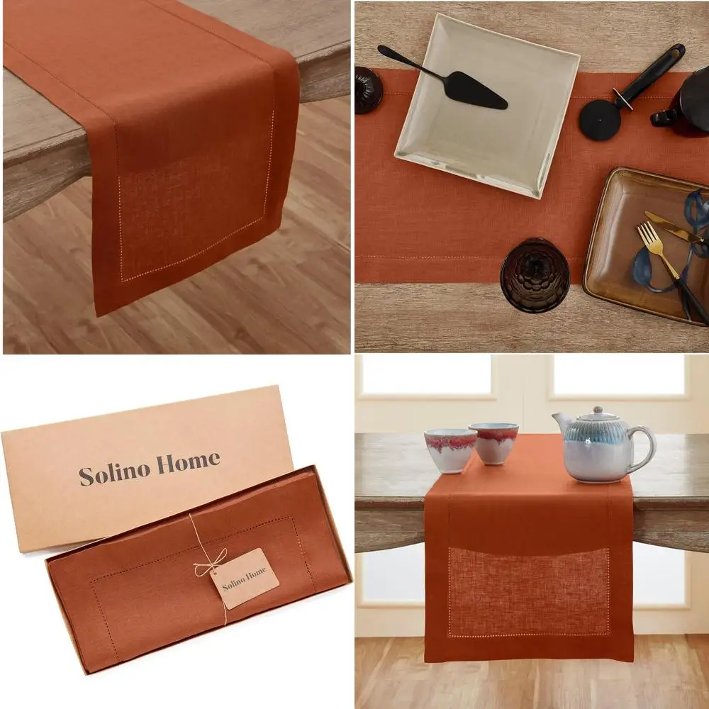 

Скатерть из чистого льна с корицей, 14x108 дюймов, идеально подходит для осени, осени, Дня Благодарения, классический дизайн Hemstitch