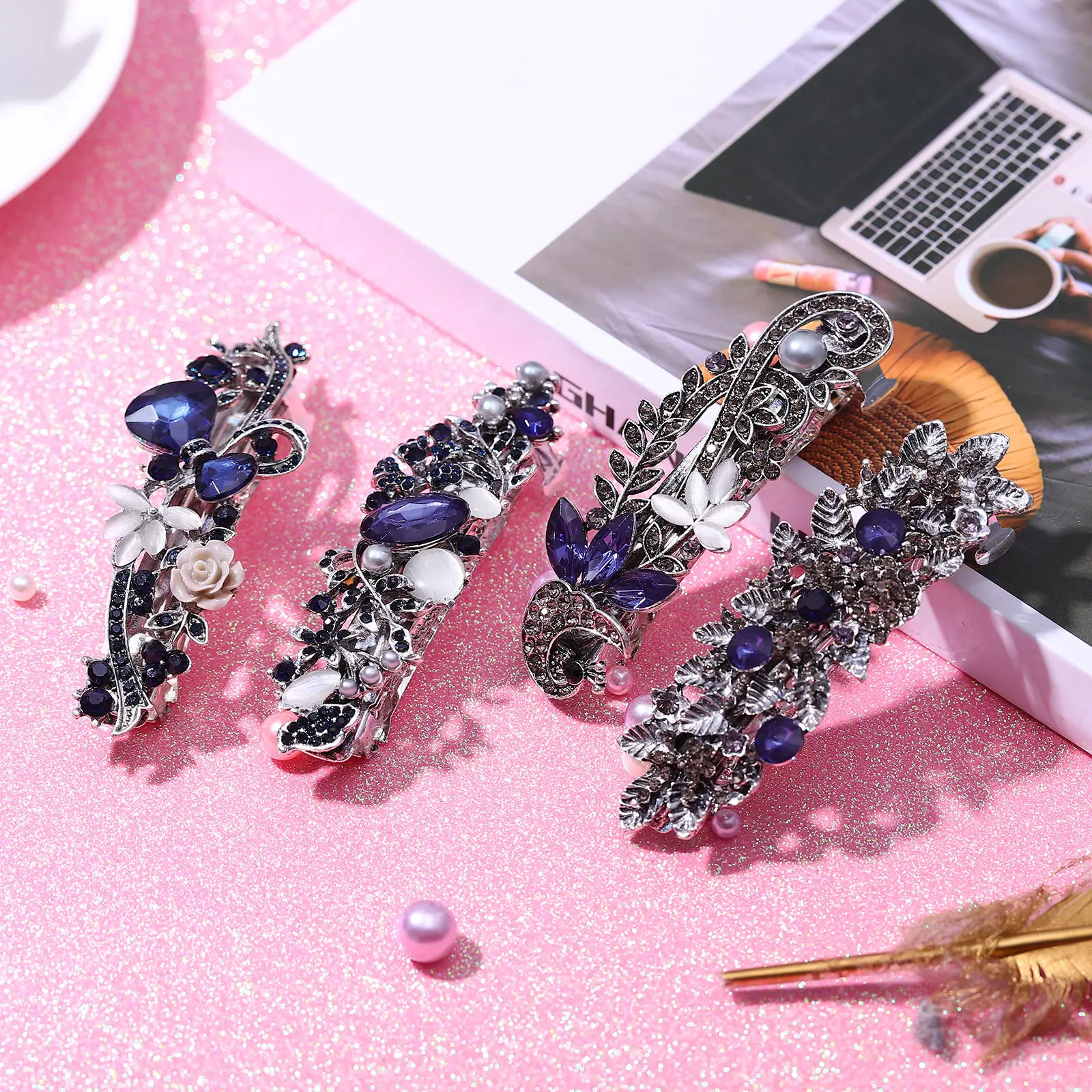 

4Pcs Vintage Hair Barrettes Rhinestone Hairpins for Women Girls Elegant Spring French Clips Wedding Hair Accessories Stylish