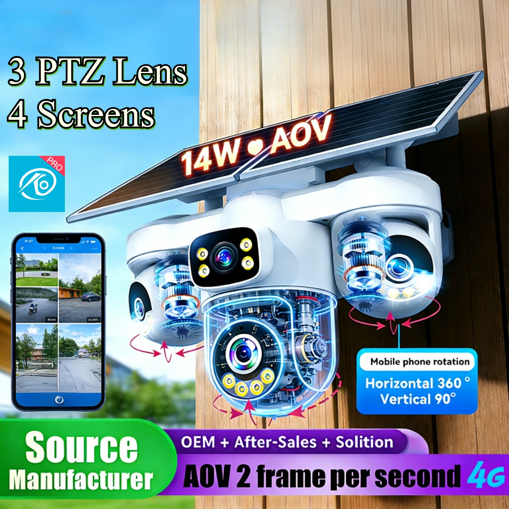 20MP Four Screen 4G Solar Camera 3 PTZ Lens 5X Zoom Solar CCTV 12000mAh Battery Wireless Outdoor CCTV