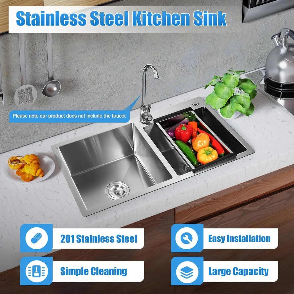 

30 Inch Double Bowl Drop-in/Topmount Kitchen Sink Steel Kitchen Sink with Drainage Pipes and Fruit Baskets for Kitchen Bathroom