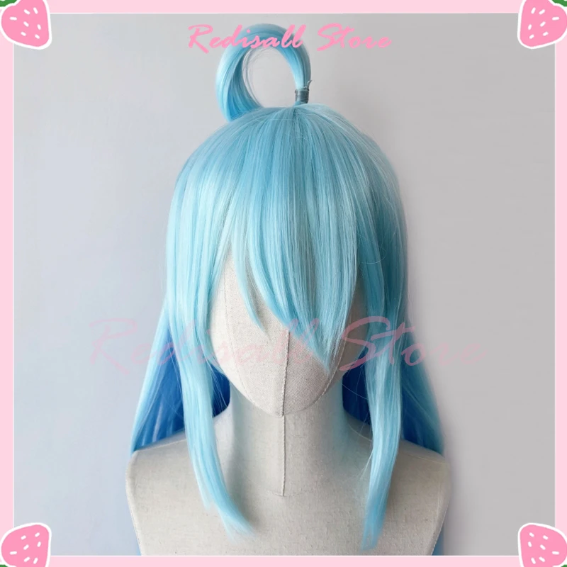 Peluca de Cosplay Aqua de 100cm, pelo largo y liso azul mezclado con mundo maravilloso, sombreros sintéticos de Anime