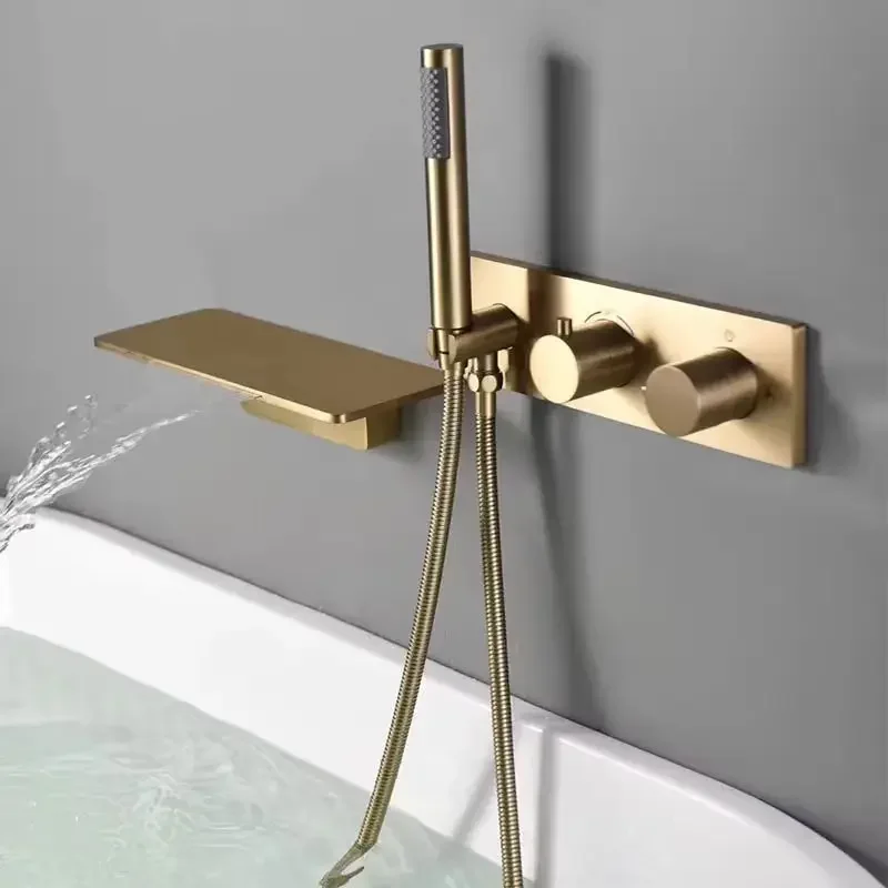 Brushed Gold Brass Wall Mounted Bathroom Thermostatic Bathtub Faucet Double Handle Cold And Hot Water Mixer Tap