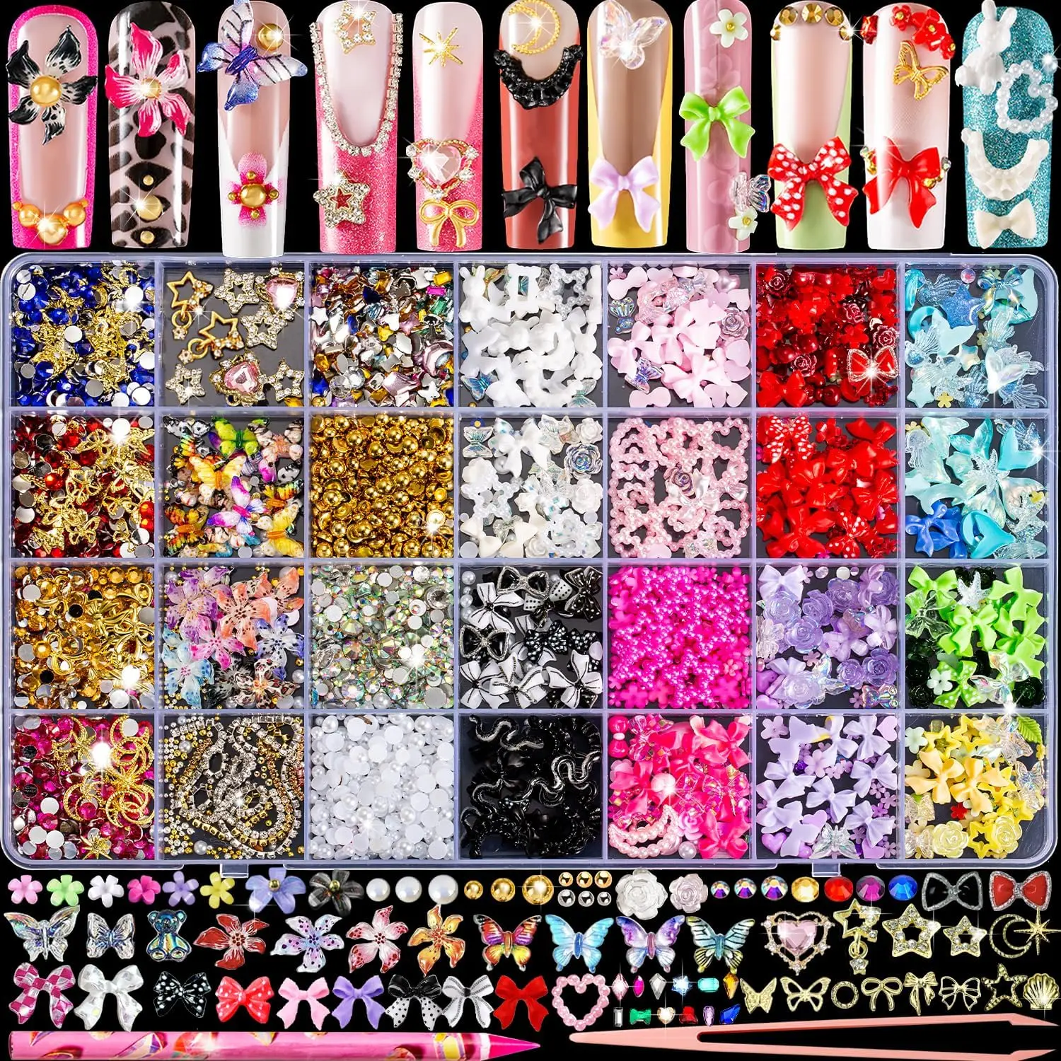 

8000pcs 3D Nail Charms & Gems - Cute Y2K Rhinestones for Nail Art, Butterfly Bow Moon Star Flower Junk Case with Gold Pearls