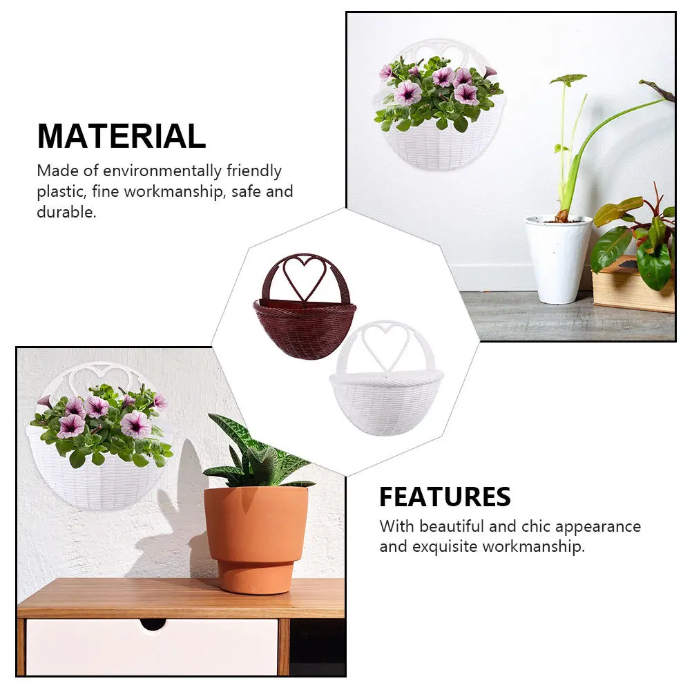 

2pcs Plastic Wall Hanging Flower Baskets Simulated Rattan Lightweight Eco-Friendly Decorative Wall Plant Basket