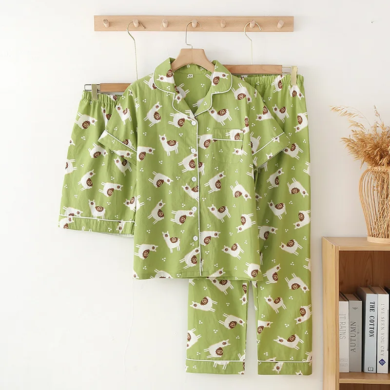 Summer Three-piece Cotton Pajamas for Women Short-sleeved Top + Shorts + Trousers Pijamas Cute Alpaca Loose Home Service Suit