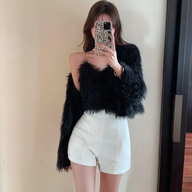 Sweet Korean Sets Autumn Cardigan V Neck Long Sleeve Pink Mohair Sweater Coat Sexy Bottom Camisole Tops