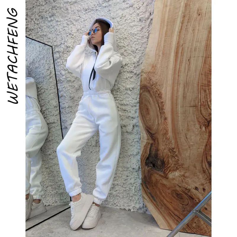 

White Overalls For Women Autumn Winter Fleece One Piece Hooded Zipper Long Sleeve Sweatshirts Pants Outfits Jumpsuits Clothes