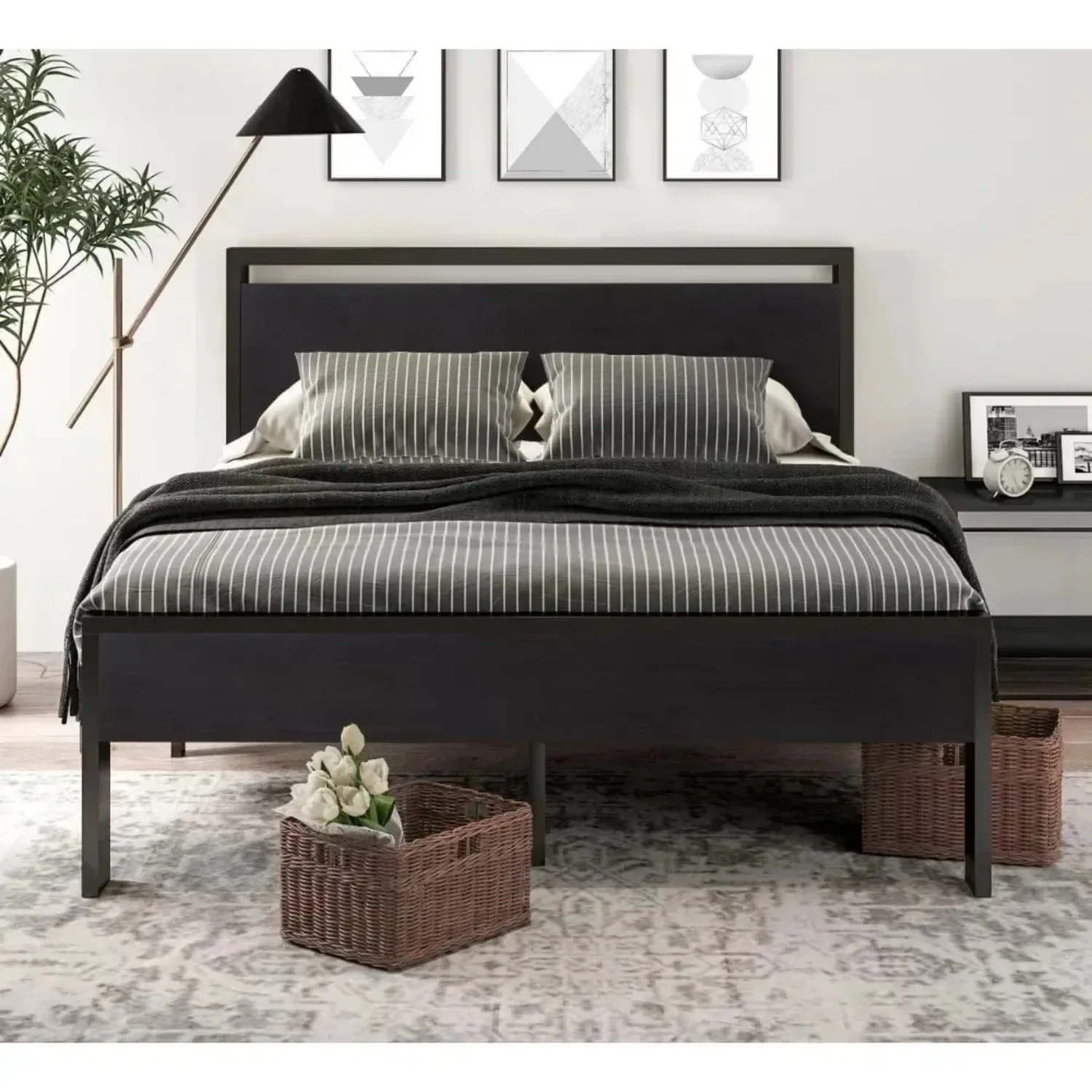 14 Inch Queen Size Metal Platform Bed Frame with Wooden Headboard and Footboard, Mattress Foundation, No Box Spring Needed