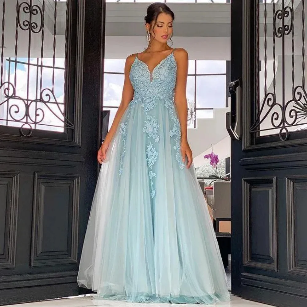 

Light Blue Prom Dress V-Neck Women Wedding Dress Lace Appliques A-Line Tulle Bridal Gown Engagement dress Evening Party Dress