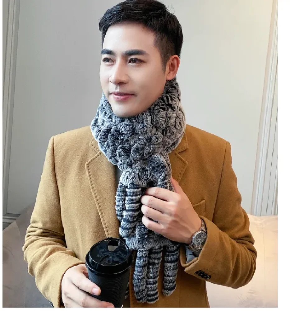 Men's Real Rex Rabbit Fur Scarf Winter Warm Neckerchief Muffler Hollow out weave Black Grey