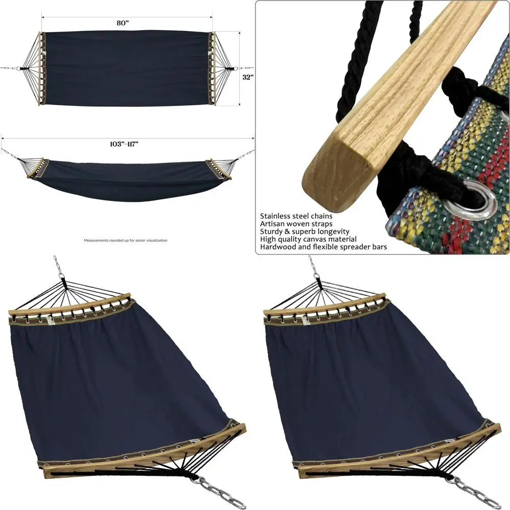 

Portable 2-Person Cotton Canvas Hammock with Curved Wood Bar for Camping and Outdoor Adventures, Navy