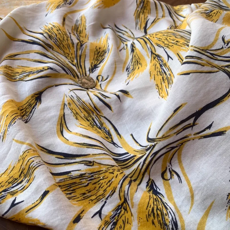 

Golden Yellow Flax Ramie Blend Wheat Pattern Fabric Studio Dress Robe Brand Custom Material Lightweight Draping Textile Fabric