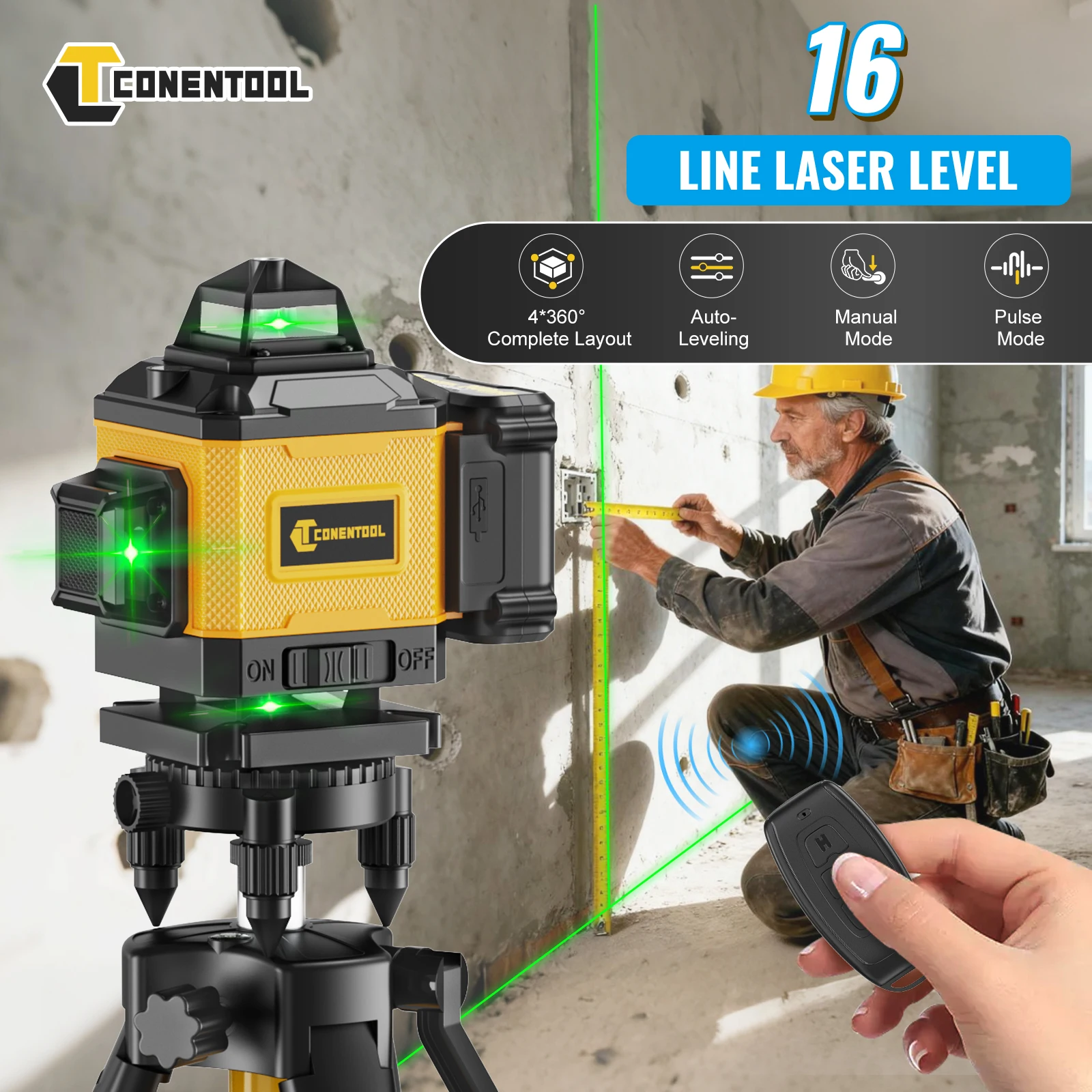 CONENTOOL Laser Level 4D 16 Lines with 39.37 In (1M)Tripod Horizontal Vertical Green 360° Self-leveling Professional Nivel Laser
