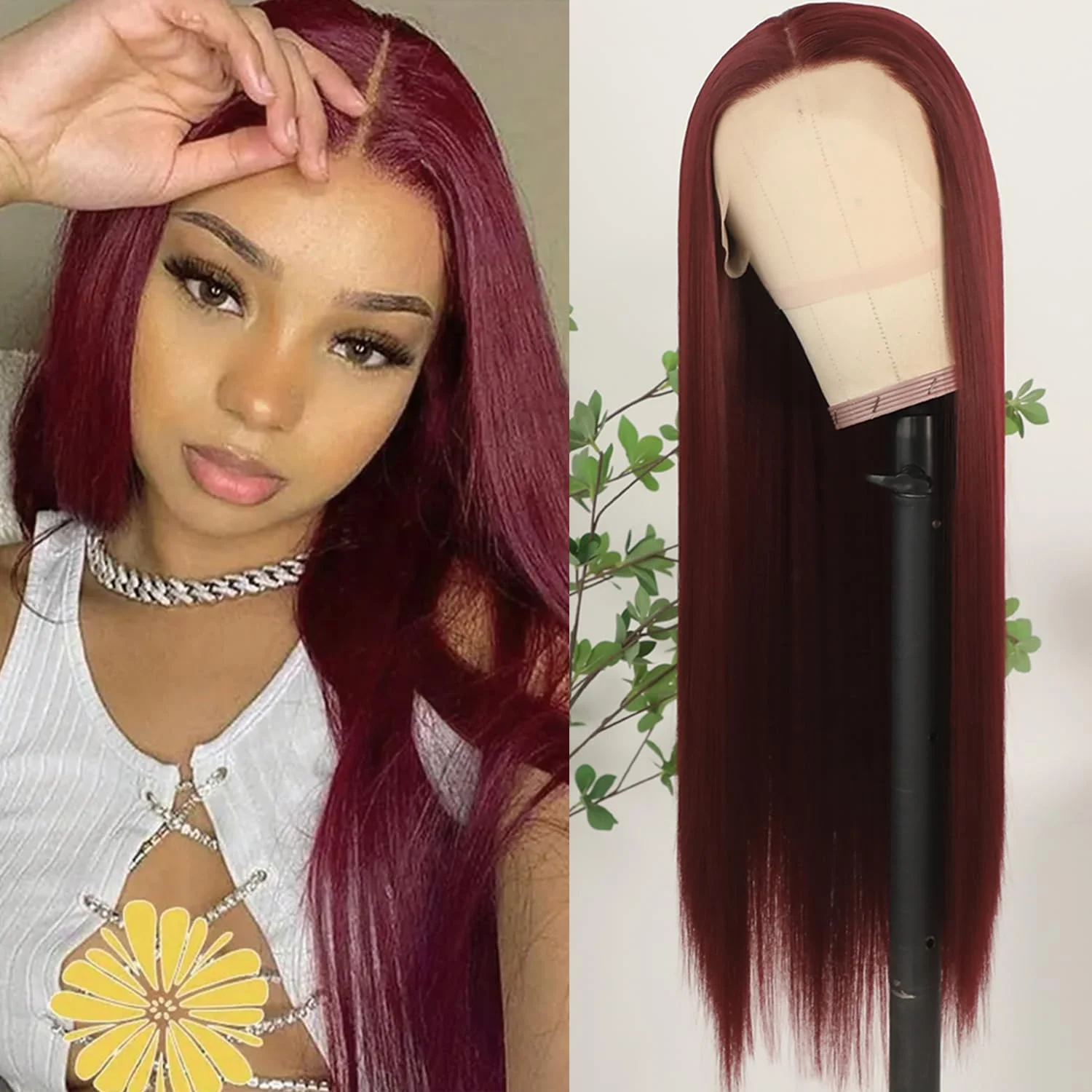 Perruque Lace Front HD 13x6 99J Bourgogne Lzlefho en Cheveux Humains Pré-Pluckée, Rouge, Lisse Brésilien, Cheveux Remy