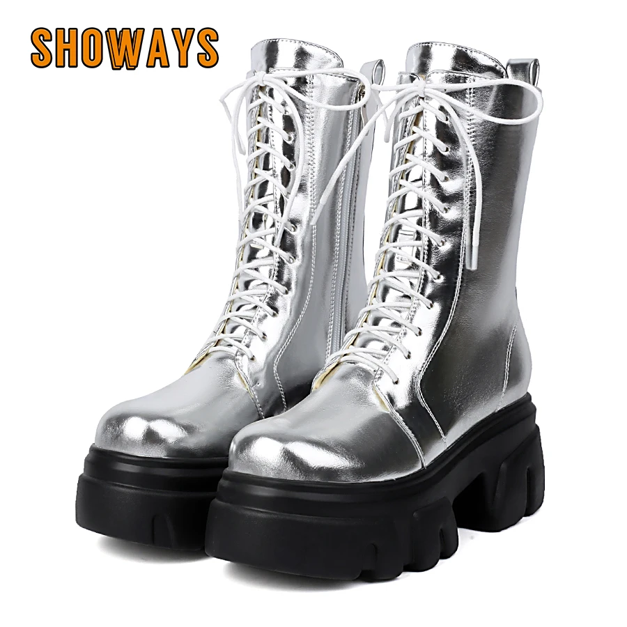 

Silver Gold Women Platform Ankle Boots High Thick Heels Round Toe Winter Fall Brown Dress Party Lady British Zipper Daddy Shoes