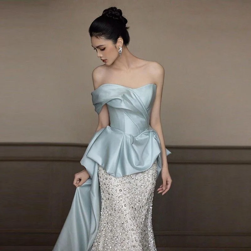 B-011 فستان سهرة للصناعة الثقيلة 2025 نمط جديد بدون حمالات ترتر راقي ذيل السمكة فستان خطوبة العروس نخب