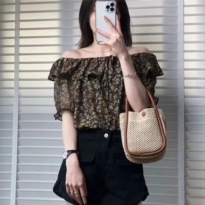 Casual Ruffles Patchwork Loose Shirt Vintage Broken Flowers Printed Women\'s Clothing O-Neck Summer New Stylish Drawstring Blouse