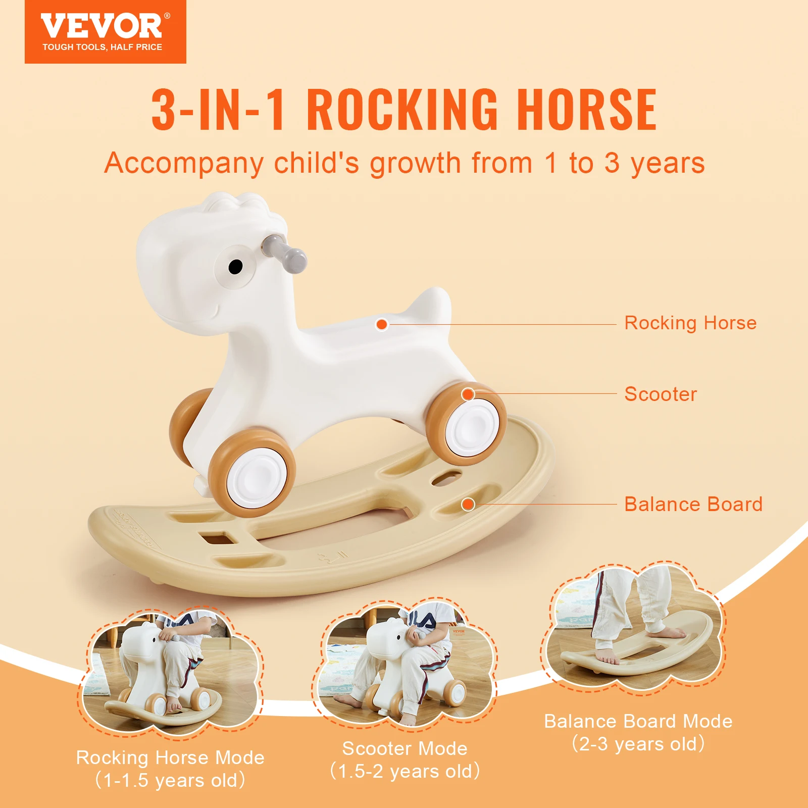 VEVOR 3 in 1 HDPE Rocking Horse for Toddlers 1-3 Years Baby Rocking Horse with Detachable Balance Board and 4 Smooth Wheels