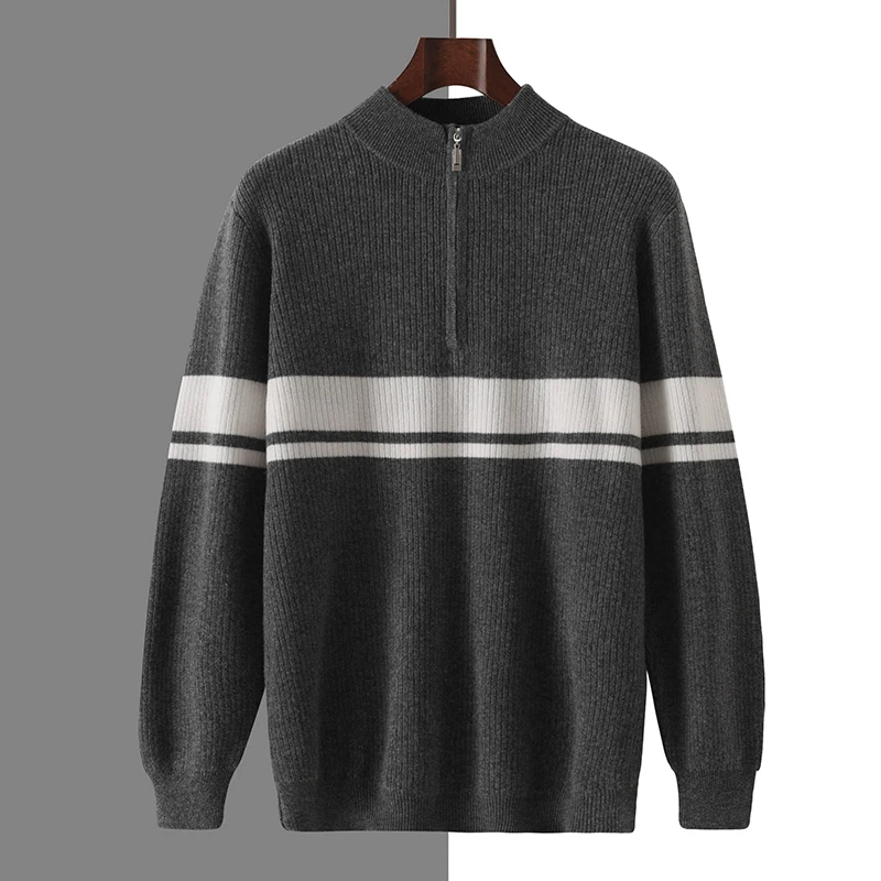 Autumn And Winter New 100% Sweater Semi-High Collar Zipper Sweater Men's Padded Bottoming Sweater Warm Striped Sweater Top.