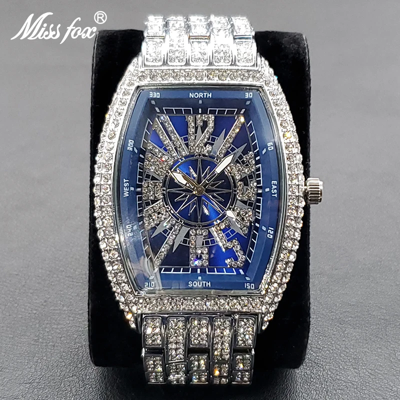 Fashion Tonneau Men Watches Top Brand Luxury Diamond Hip Hop Blue Wristwatch Stylish Shiny Iced Out Waterproof Muller Watch Gift