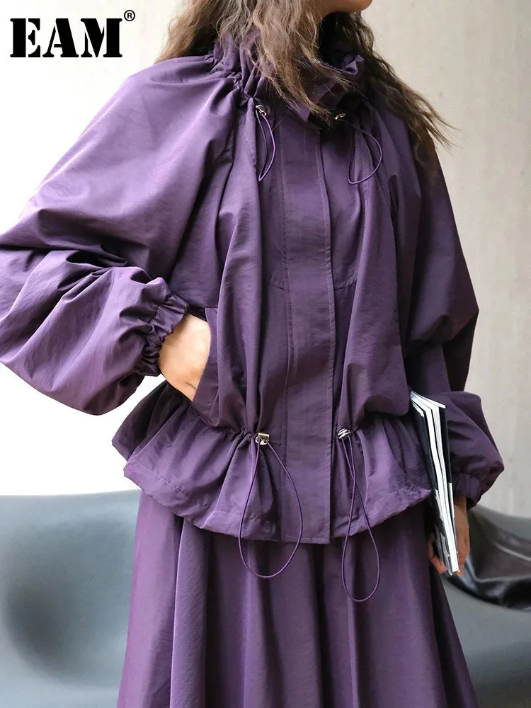 [EAM] Purple Drawstring Big Size Casual Jacket New Stand Collar Long Sleeve Women Coat Fashion Tide Spring Autumn 2024 1DH6530